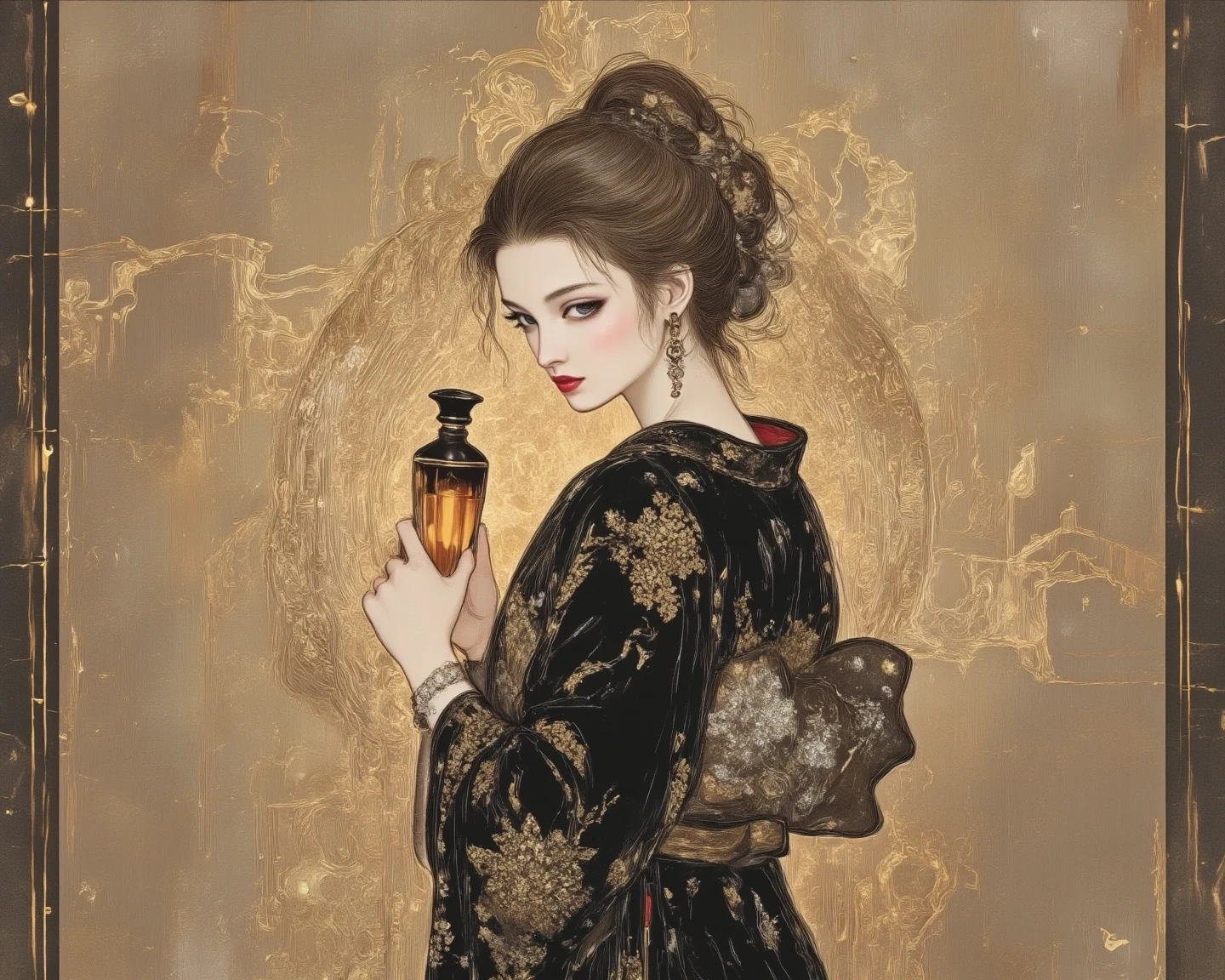 a woman in a sophisticated kimono、close-up。wearing a modern black kimono with a gold pattern、elegant gold and silver accents on the belt。she turns over her shoulder、holding a stylish perfume bottle with one hand、It has a gesture that hits the neck。Upstyle with loose hair tied up with her hair、The bangs and side hair are naturally disheveled to frame the face。Detailed background with a sense of brightness and tension、Her skin shines with soft overall lighting、and is finished in a high fashion style。