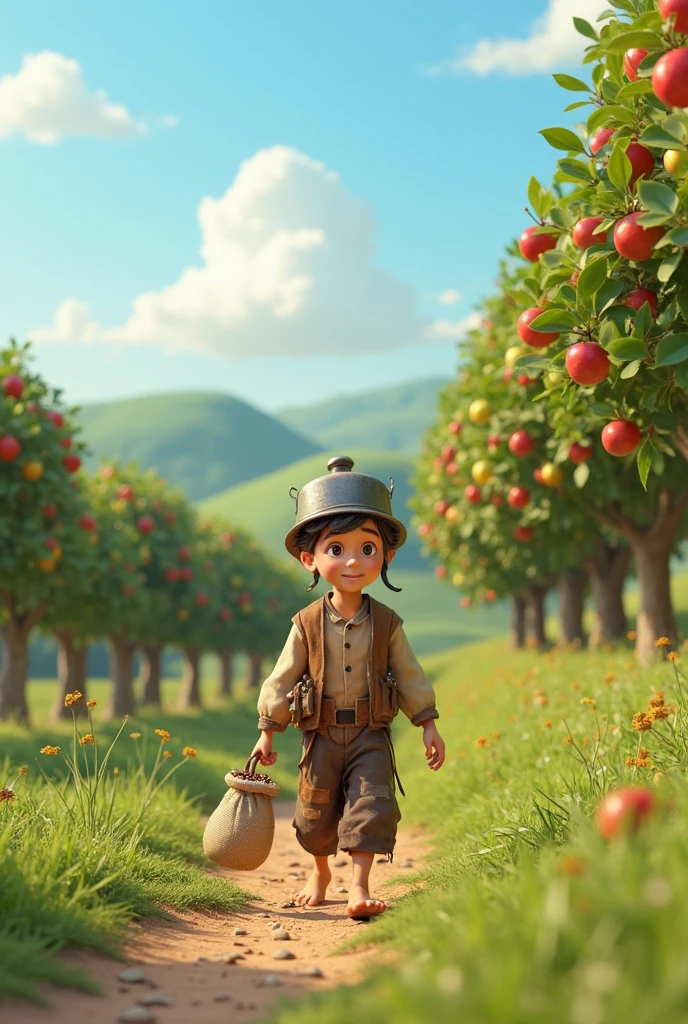 Boy holding a fruit basket in a field with trees in the background, menino bonito, colheita, Imagem promocional, garoto feliz, garotinho, desconhecido, frutas em uma cesta, autumn season, estrada na floresta