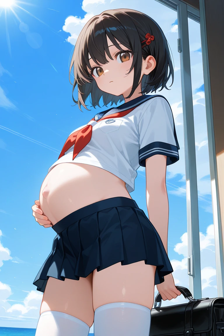 (((Perfect Anatomy, Anatomically correct, Very detailedな肌))), 1 girl, Japanese, high school girl, Shiny skin,
Beautiful Hair, Beautiful Face, Beautiful fine details, (short hair:1.1, Bobcut:1.2), Dark blonde hair:1, blue eyes, Baby Face, Mole under the eye,
Beautiful clavicle, Beautiful body, Beautiful breasts, Large Breasts:0.5, Beautiful thighs, Beautiful feet,
((Short sleeve, cute navy sailor suit, Navy Pleated Skirt, Navy sailor collar, Blue Sailor Scarf, stockings, Brown Loafers)), Captivating thighs, ,
((Ahegao, Embarrassing, Drooling, Open your mouth, Sweaty)), ((Squat, Spread your legs, Put your hands behind your head)),
(Beautiful views), summer, School rooftop, building, Chain link fence,
8k, highest quality, Masterpiece:1.2, Very detailed), (Realistic), Beautiful illustrations, Natural light, Is urinating、9 Months Pregnant