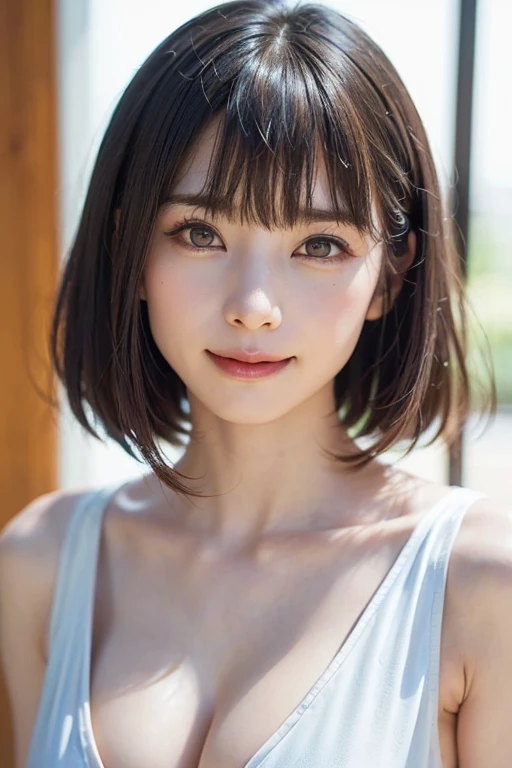 (software:1.8、masterpiece, Highest quality),1 person, alone, hyper Realistic, Realistic,Realistic, Looking at the audience, Light brown eyes:1.4,Brunette Short Bob Hair with highly detailed shiny hair, Brightly colored winter clothes, Lepangas:1.4), Outdoor, Mouth closed, Upper Body、big chest eye、eyelash、{Hugeな|big chest|Hugeなな|Mega} whole :2, chestの谷間:2、(((big chest eye、Short Bob Hair、Highlights from Students、Looking at the audience、She is very beautiful and cute、Show me your ears、Long neck、smile、Close your mouth and smile、Bangs and beautiful teeth)))、Ideal body type、（Nothing is drawn、A very beautiful pure white background:1.6）、美しいLong neck:1.4、(({Huge|big|Hugeな|Mega} chest, chestの谷間:2、Upper Bodyは服を着ていない:1.6))、(((Portraiture:2)))、Perfect ???????