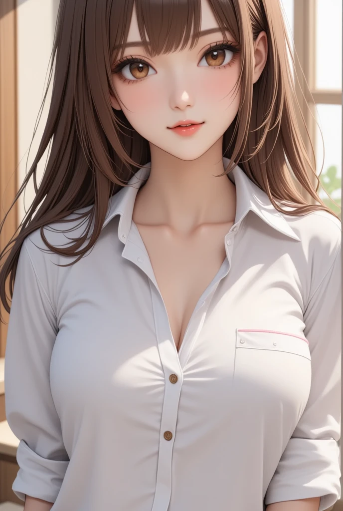 ((Best quality, 8k, Masterpiece :1.3)), Sharp focus :1.2, A pretty woman with perfect figure :1.4, Slender abs :1.2, ((Dark brown hair, Big breasts :1.2)), (White button up long shirt :1.1), City street:1.2, Highly detailed face and skin texture, Detailed eyes, Double eyelid