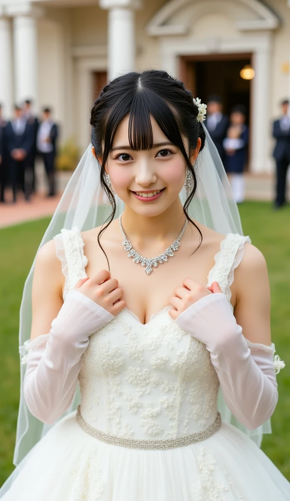 Smiling Haro bounces around in a sexy wedding dress in the style of Sayla Mass by Yoshikazu Yasuhiko