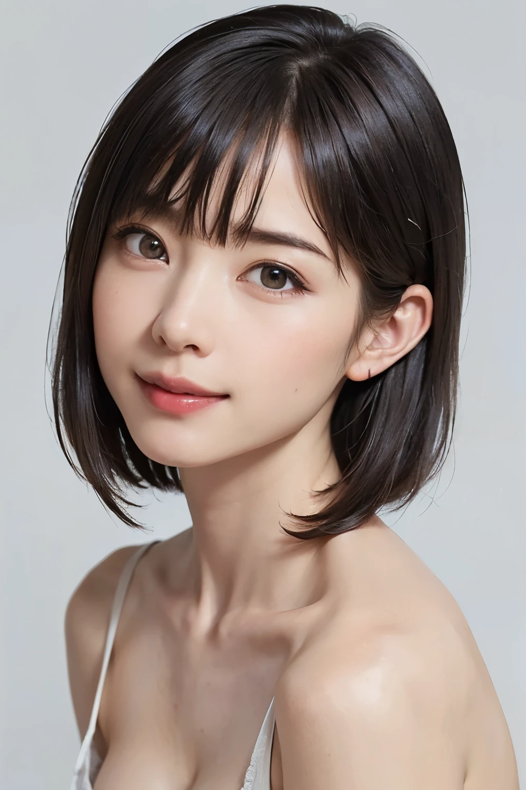 ((巨作、Top Quality、high-detail))、(女の子1人)、(photorealestic:1.4)、独奏、White background、with a pure white background、(the neck is long、Put your ears out、off shoulders、Shoulder out)、closes mouth、Happy smile、Smile happily、pretty black hair、Shorthair、big eye、Distinct double eyelids、Lashes、Put your ears out、long neck、long neck、Absolute area、((Face Close-up))、(caps、Draw all the shoulders)、19-year-old、Attractive proportions、glowy skin、Clean collarbone、The face of the golden ratio、a perfect face、Tear mole、Mole on chest、bangs bangs、Clean bangs、Beautiful bangs、lipgloss、thin lips、White-colored skin、nuda、a large breast、Small face、Smaller face、Draw all the heads、Draw all the shoulders、Staring at the camera slightly upwards、(Staring at viewer、Highlights in the eyes、Light brown eyes、lipgloss)