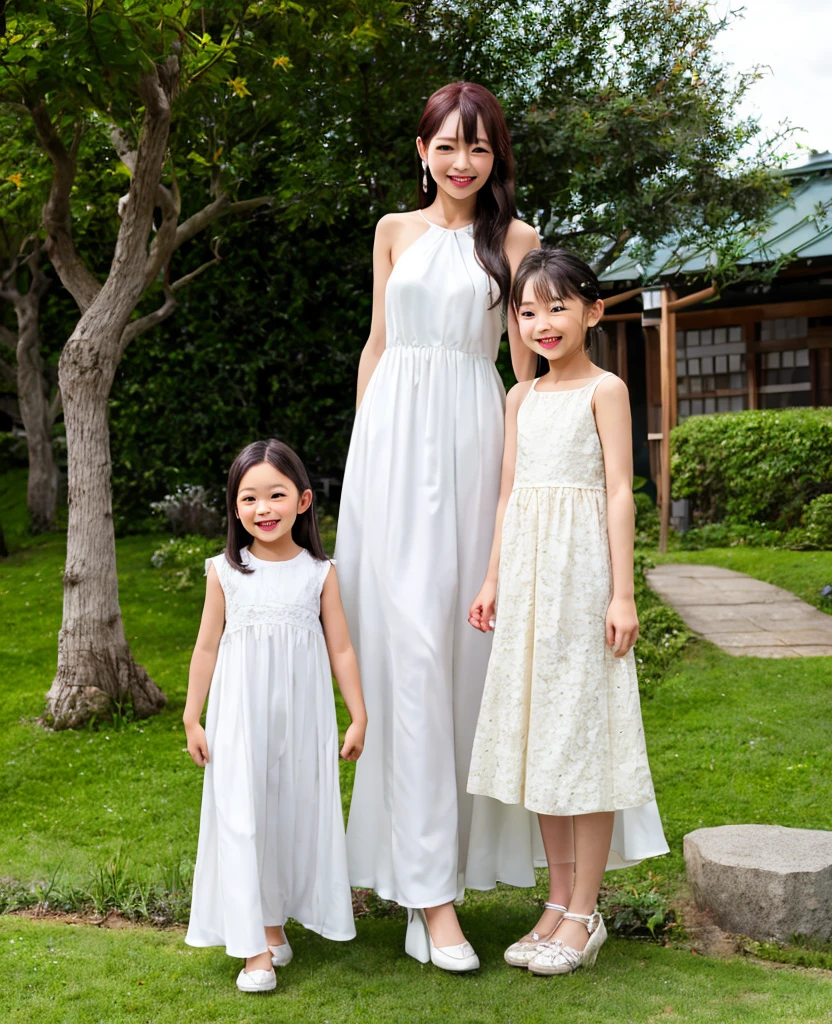 ,White people,kimono,Mermaid Skirt,Fluttering,Frills,4 people,luxury,whole body,2 children,family,Blonde,Side by side,2 children,grassland,