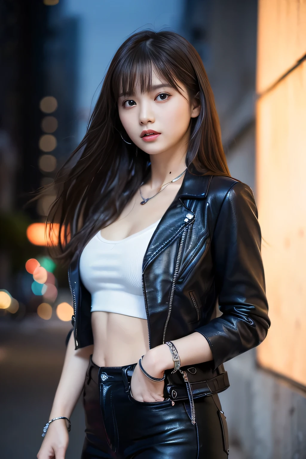 Beautiful Japanese Waifu, early 30s, brunette hair, large ear rings, white lace bra, leather jacket