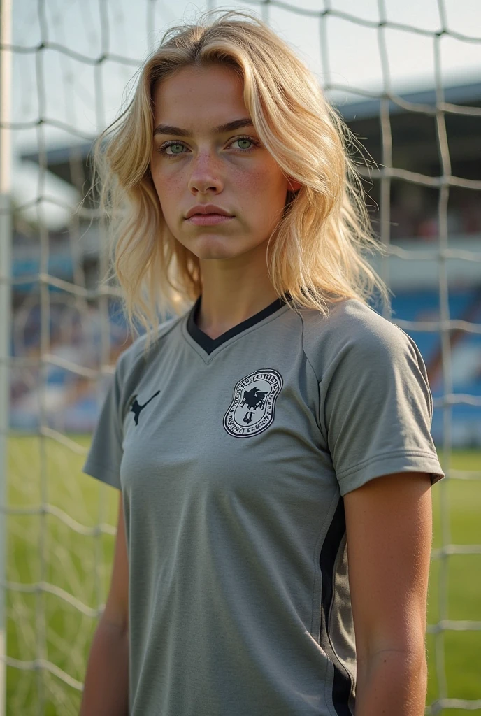 RAW photo, (closeup:1.2), portrait photo of 8 to 13 y.o nordic woman, white & mint green soccer jersey, Soccer field, standing, ((tall, athletic)),  8k uhd, high quality, film grain, Fujifilm XT3