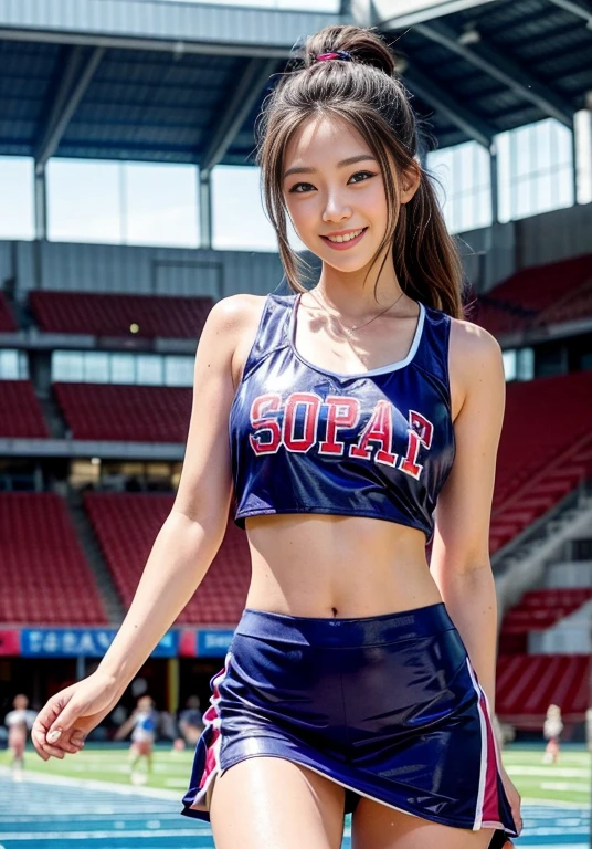 ((Highest quality、8k、Like the picture:1.4、masterpiece))、Backlight、Woman with highly detailed facial texture、 Big Breasts, Accentuate your cleavage, Cute Japanese Woman、18-year-old、(((Cheerleader:1.2)))、((Stadium Background:1.2))、Raise your arms、((Camera angle from below:1.3))、Ultra-detailed skin、Beautiful Makeup、Detailed eyes、((Big smile:1.3))、Open your mouth、(Big and round breasts)Shiny brown messy short hairstyle、Sculptural installation、((Raise both legs:1.3))、((Spread your legs:1.3)), ((Spreading pussy:1.2)),