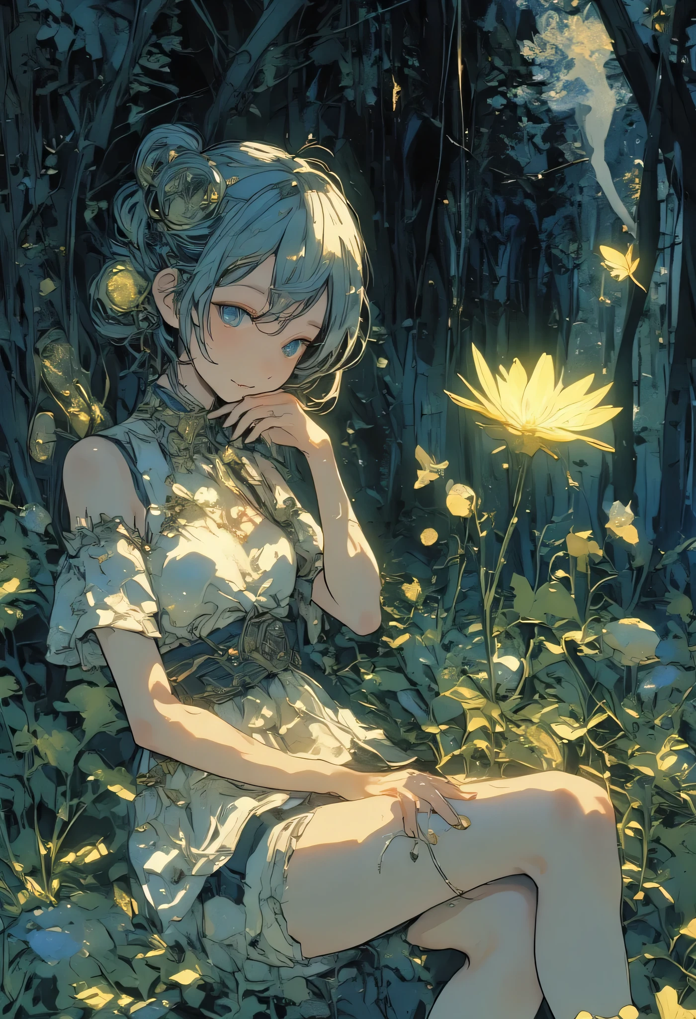 (masterpiece, best quality),1girl with short white hair sitting in a field of green plants and roses, her hand under her chin, night time, fireflies, blurry foreground, 8k, white bikinis