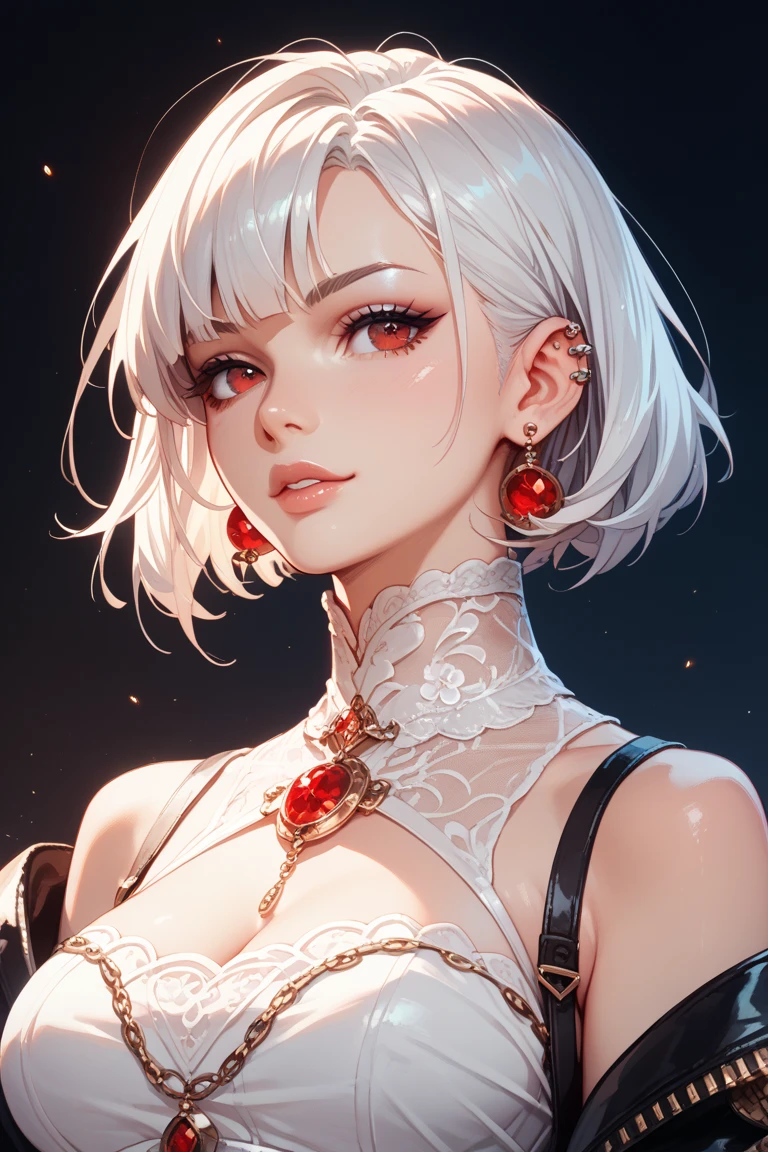 ((Close-up of a woman with tattoos on her chest)), girl, ((Short white hair with bangs, Black strands of hair)), Purple eyes, White T-shirt and white cape, Pendant around the neck. 超High resolution.Photorealistic. 超High resolution.Photorealistic:1.4,超High resolution. Realistic，High resolutionで, masterpiece, Highest quality, Very detailed, Better Shadows, Volumetric lighting), super high quality, High resolution, 8k, Ultra-Realistic Portraits , Photorealistic, Dynamic Lighting, Volumetric lighting, Very detailed顔,(NSFW:0.8),Large Breasts
