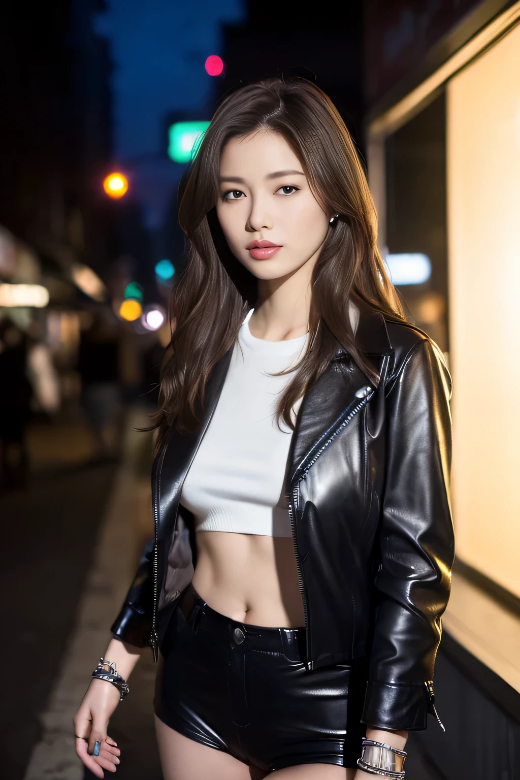 Anatomically correct depiction、masterpiece、Highest quality、8k、Attractive beautiful almond-shaped eyes、Big black eyes、Long eyelashes、Beautiful cherry lips、A high, well-defined nose、(Berry Short:1.1）、Beautiful and radiant colors々Hair color、((Realistic:1.3))、Bold composition、Highly detailed face、Detailed、Golden Ratio Face、Ultra-high resolution、Beautiful white smooth skin、((Young face))、Japanese White Gal、(blush:1.2)、(looking at the camera)、((Black leather jacket on bare skin))、Short White Denim、Put your hands in your pants pockets
