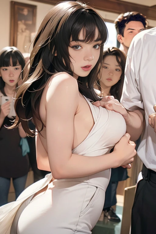 Pretty Face、big eye、(masterpiece)、ultra-detailliert、(top-quality:1.0)、( (NSFW))、(Beautie)、 Skirt、The woman is Greek、crying how bright、(ropes、noose、tie、bind both hands、Hands behind your back)、(Clothes torn:1.2、Tears:1.5)、Multiple Women、Man on the left、Man on the right、Princess in the middle、Inserted by the viewer、(Missionary position)、Man's fat ossan、(Clothes get wet)、Reluctant、shame、embarrassed from、Flush cheeks、In a crowded train、A man grabs his chest、licking out、Press your chest to the window、insertion、Hands in skirts