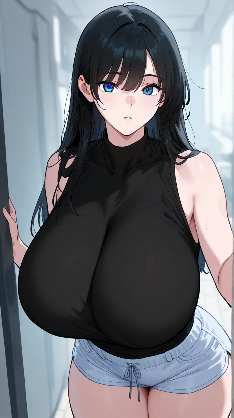 Galina, 19 years old, long dark blue hair, blue eyes, huge breasts, wearing a tight black dress, standing in the throne room looking at something that sheds blood almost at dusk..hentai