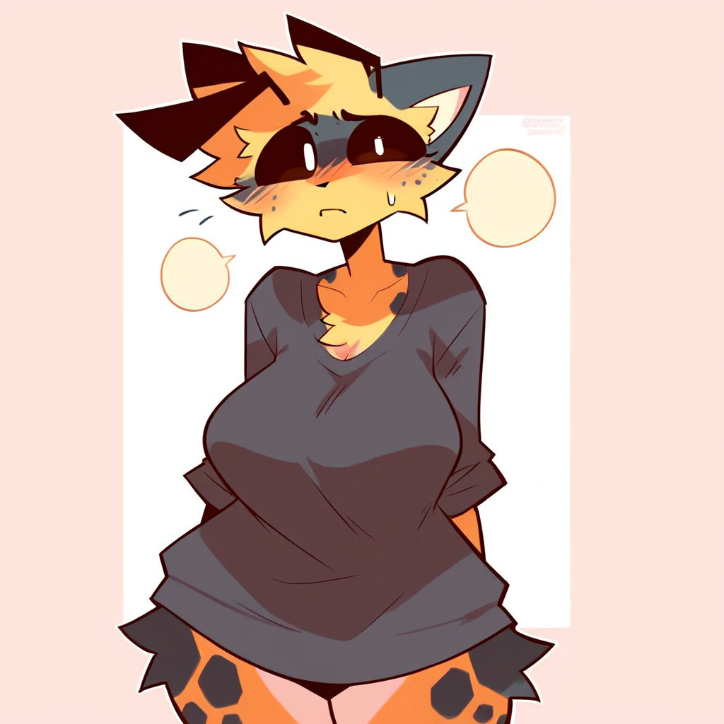 by jinxit, sketch outlines, sketch lines, high quality, high res, female, cat, feline, anthro, biped, orange body, orange hair, black sclera, white iris, fluffy ears, cheek tuft, short maw, short muzzle, big eyes, long bottom eyelids, cat nose, 4fingers, black choker, black thin panties, hips, thighs, black nails, bedroom_eyes, sleepy eyes, croptop, hoodie croptop, ear going through cap, cap on, hood on, cap up, hood up, underboob view, low angle view, slut vibes, smirk, hands on hips, fluffy, fluff,pelo amorado, purple and orange fur ((purple and orange)),