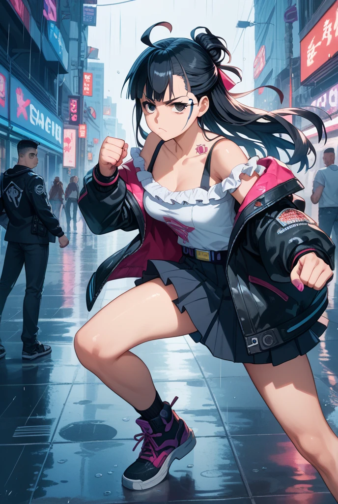 1girl, casual clothes, t-shirt, pleated skirt, twintails, long hair, fighting stance, outdoors, city, rage, angry, red eyes, fists, solo