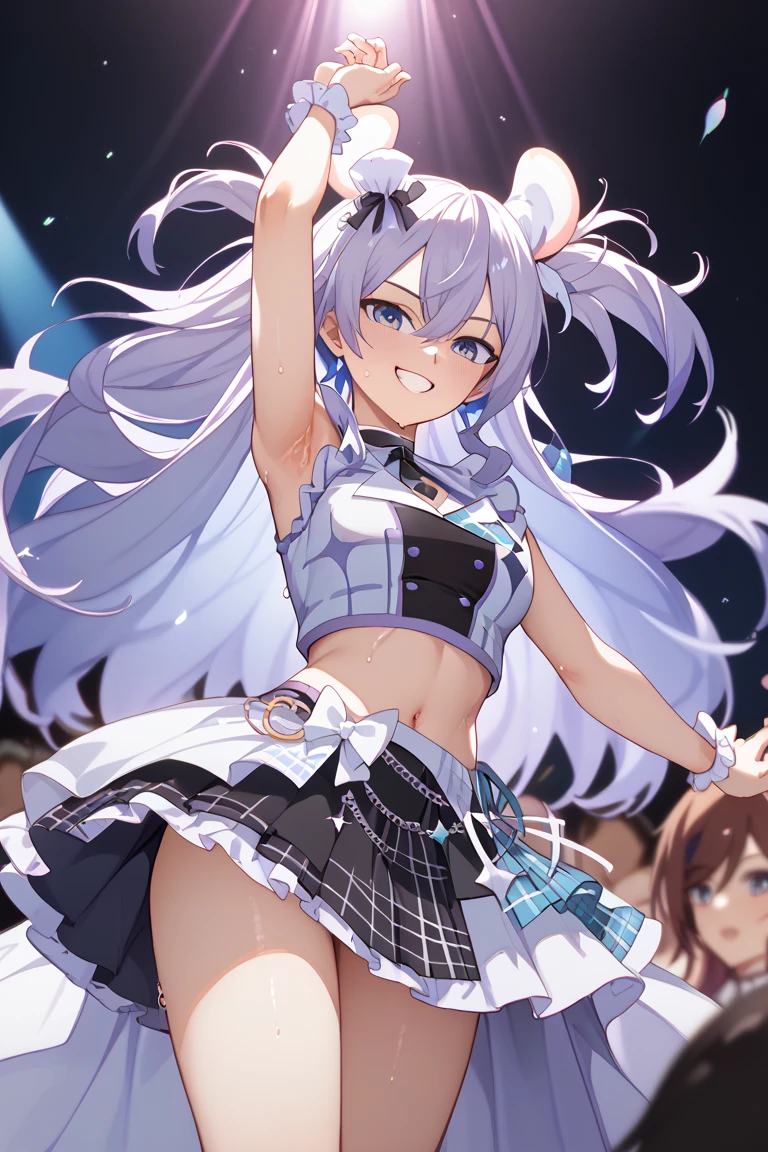 (Masterpiece、highest quality、Very detailed、4K)、One Woman、17 years old、Idol、navel、Sidekirt、Panties、Thighs、Beautiful armpits