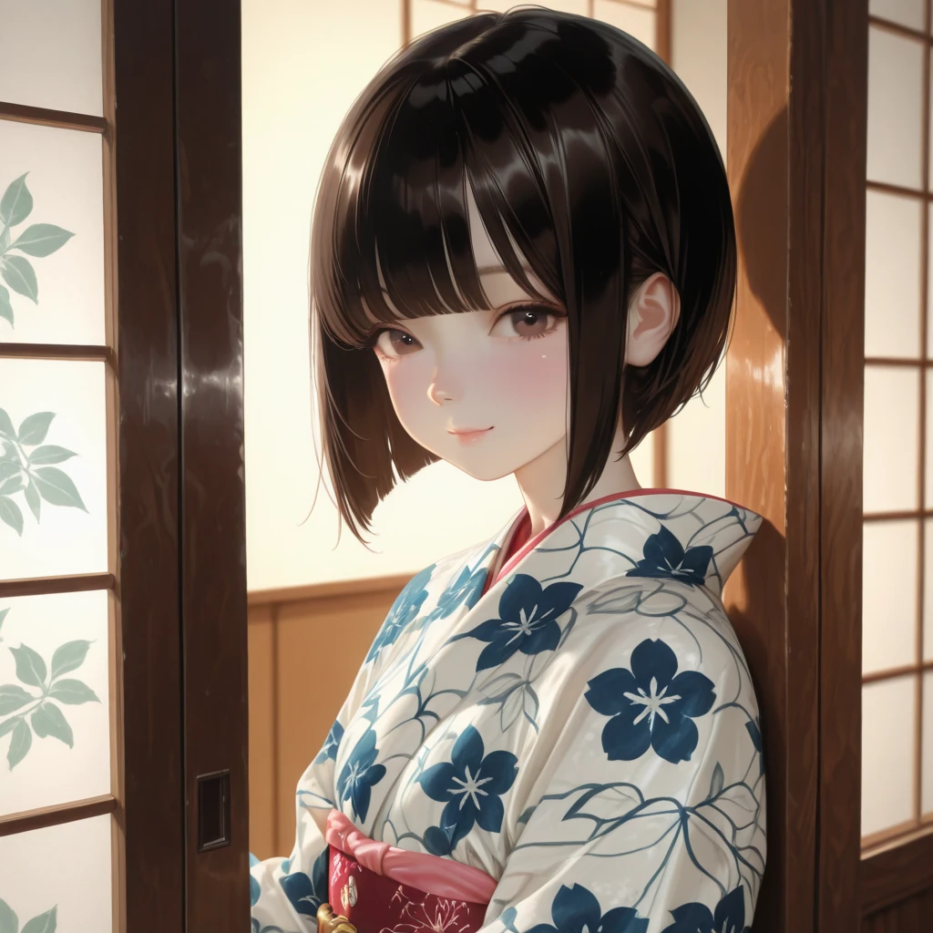 ((1girl,cute,japanese,young,short beautiful black hair,bob cut,blunt bangs,beautiful black eyes)),(solo),(japanese beautiful floral kimono,yukata),((masterpiece, highest resolution,best quality)), (beautiful illustration), (looking at the viewer), innocent smile,beautiful japanese festival,fireworks,flowers,stall、stall,crowded,night,