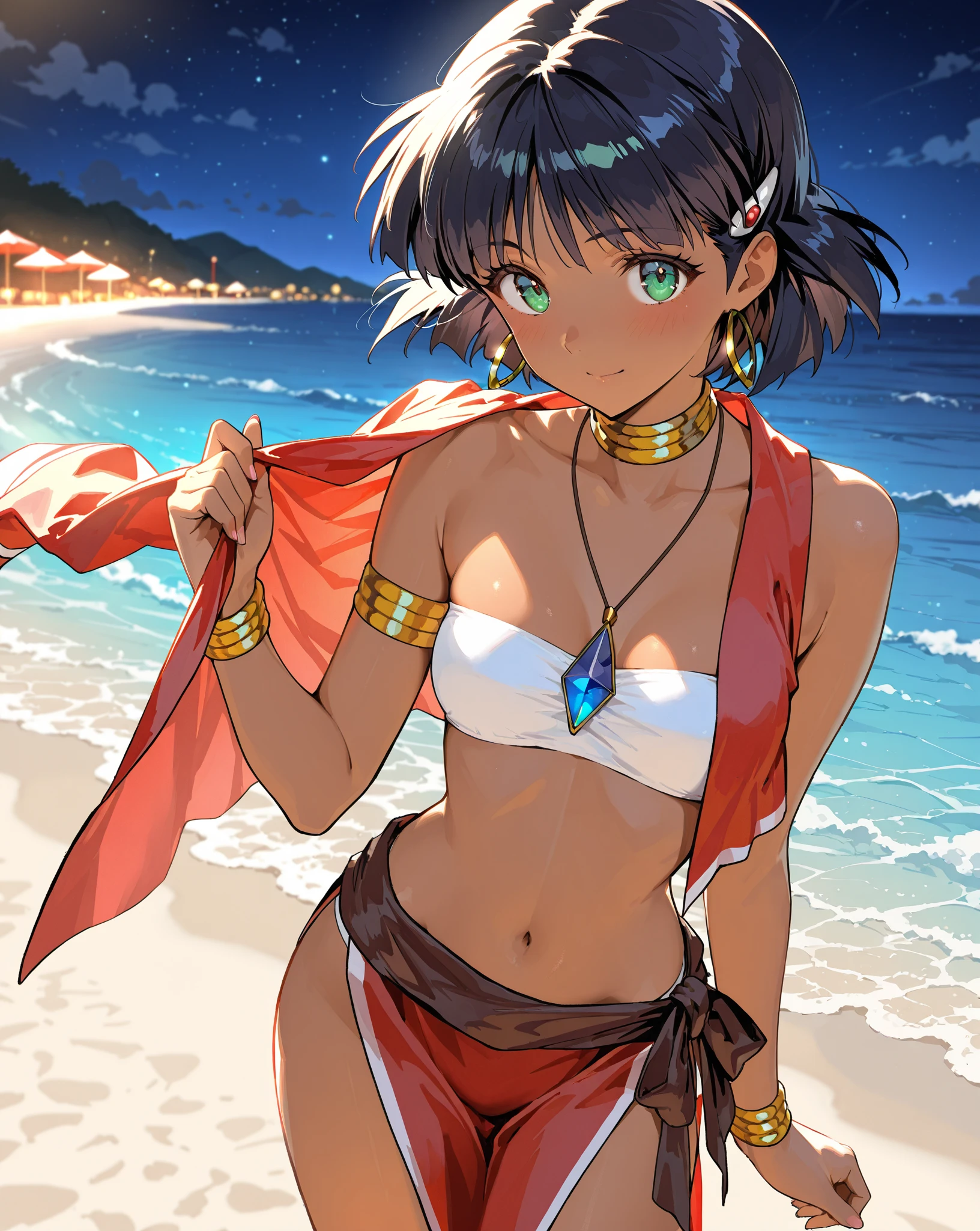 (masterpiece, best quality, highres, absurdres, ultra-detailed:1.2), ((1girl, solo, nadia la arwall, green eyes, dark skin, short hair, navel, bandeau, vest, bracelets, earrings, hair ornament, loincloth, bare shoulders, necklace, neck ornament, laying down, looking away)), (outdoors, blue sky, clouds), <lora:Nadia:0.75>, <lora:add_detail_v1:0.85>