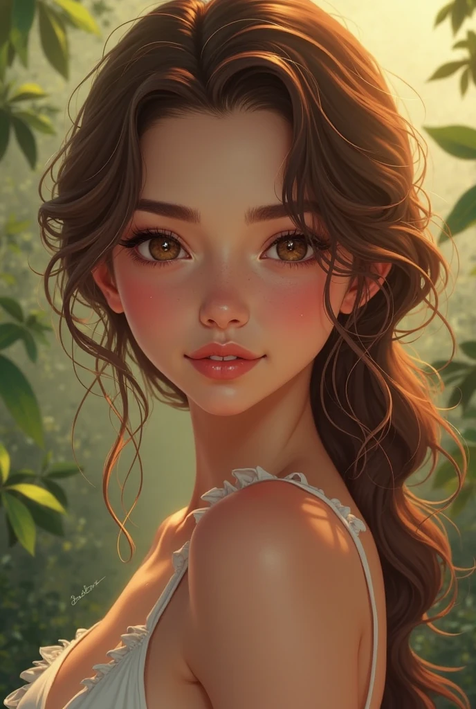 (Masterpiece, best quality, photorealistic, highres, photography:1.3), close-up portrait, sharp focus, 1 brunette girls, European fashion models, flawless skin, slim feminine appearance, flat abdomen, slender abs, cleavage, messy long hair, detailed hair strands, delicate sexy face, allure look, ((detailed makeup)), outdoor fashion photoshoot, standing pose, ((realistic, ultra realistic, realism, realistic detail)), freckles, blush, brown hair with blonde streaks