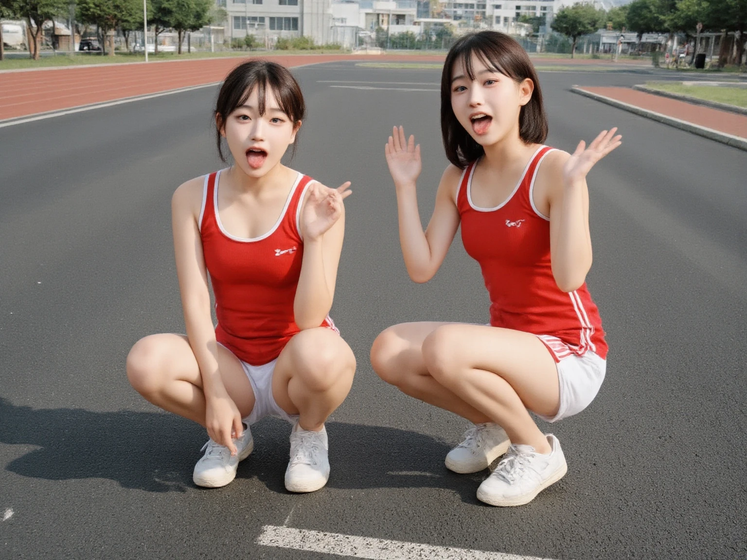 8K、Ultra-high resolution、Highest quality、Masseter muscle area、Photorealistic、Ultra-high resolution、(Huge boobs、Quite large breasts、Toned body、Long black hair ponytail:1.15)(Red and grey high leg racing bloomers、Athletics part、Tracking & Field team uniforms、Espadrilles、Hide all breasts:1.2)(Japanese women、So cute、Groin joint、Sculpture Pose、I always sleep on my back:1.28)、playground