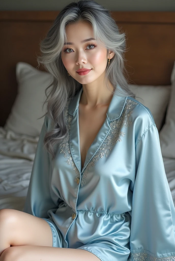 Standing in the bathroom, Excited, necklace, Earrings, whole body, Long white hair, White kimono, That's excellent, Ultra-high resolution, RAW Photos, realism: 1.25), (bright lip gloss, Long eyelashes, Smooth face , Light Skin, Natural Shadows, Wide Light, Wide Light, Depth of written boundary, Strong colors, Subtle corrosion: 0.8), smile, (Big Breasts), v6