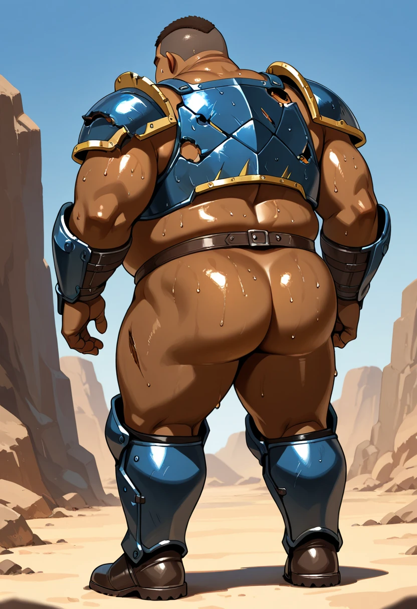 barret, dark skin male with gun arm and tattoo, sunglasses, shirtless , (???????) , full body , black boots , backside , back side , laying spread legs