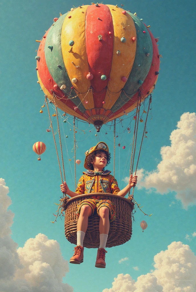Fairy tale picture book,Huge steampunk world,A baby flies over the city in a flying machine,Flight cap,Flight suit,Flight boots,Full body like,high qulity,A high resolution,tmasterpiece,super-fine,depth of fields