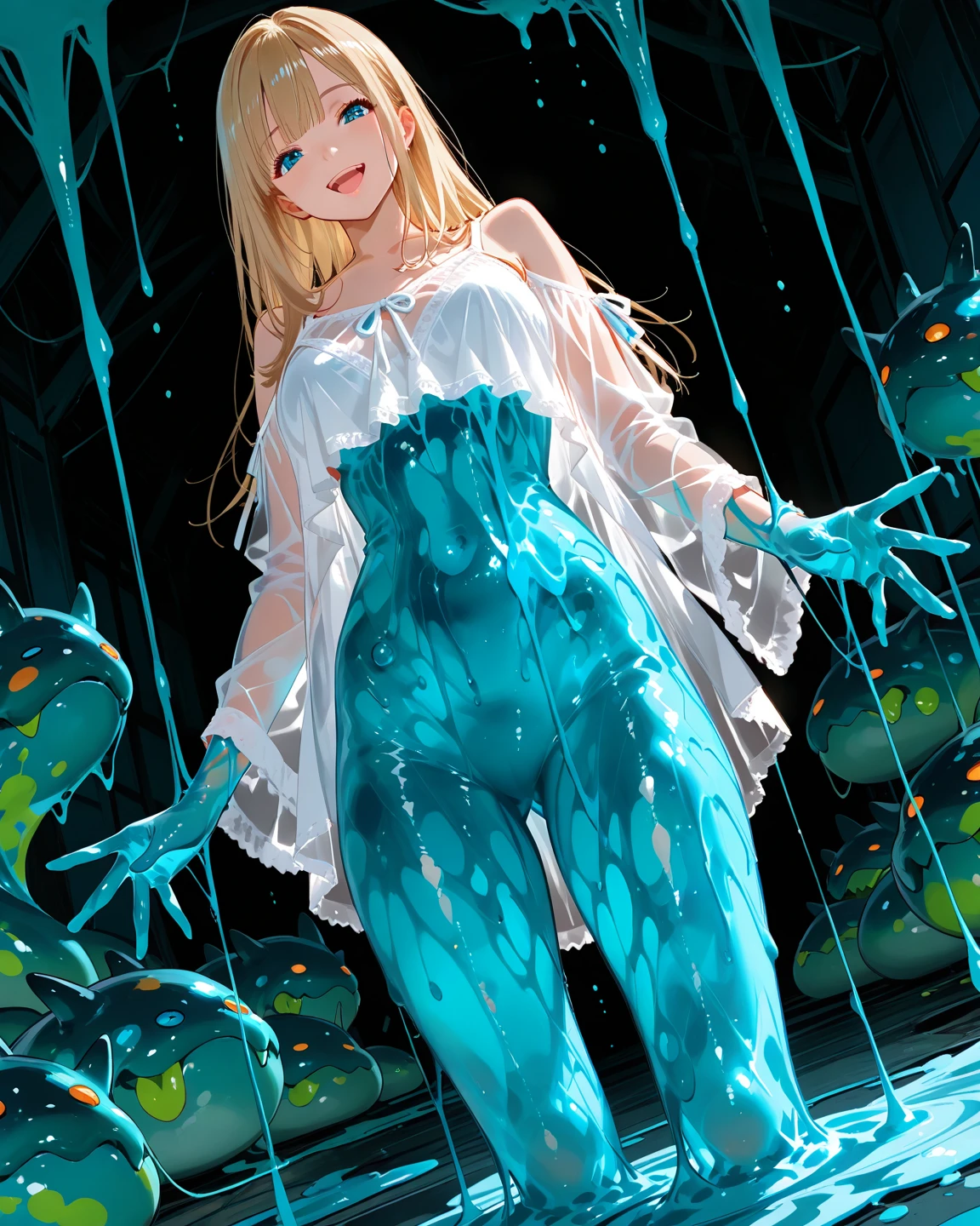 creepy tentacles are (((licking))) Asian school girl (inside creature:1.4) of stinky saliva fluids in fantasy, (stinky dress), wet girl, sitting, ((looking at the viewer)), wet skin, bukkake, anguished, bound by slimy tentacles, bdsm, vine, sitting in a mirror, she is resisting from cum shot, fetish, pussy juice stain, (she is hiding her mouth:1.5) inside creature, slimy ((wet skin)) dripping, (beautiful eyes), dried saliva, ((steaming)), depth of field, 1girl, solo, censored, ((white)) blouse, skirt, school girl, vore, photorealistic, slime, saliva