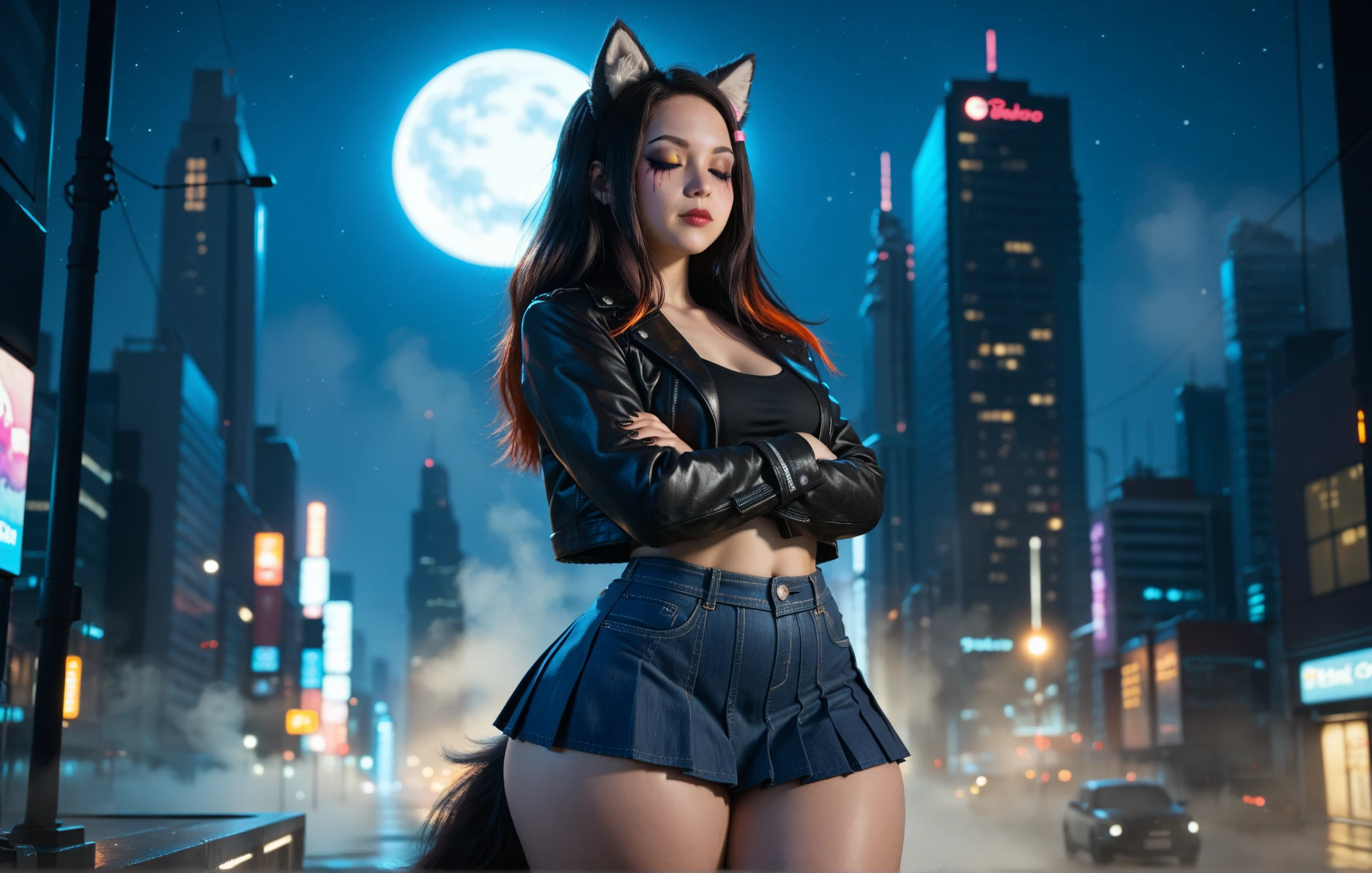 uploaded on e621, explicit content, 3d, (bastika, cutesexyrobutts, hioshiru), female, solo, meowth, blue eyes, city setting, (red hoodie1.2), Midnight, bright moon lens flare, palm tree, choppy waves, (large breasts, natural breasts, breast sag:0.9), standing, cat ears, (tail:1.1), looking back, big ass, dark sky, strong colors, blue jeans, medium breasts, hood, street, wide hips, navel
