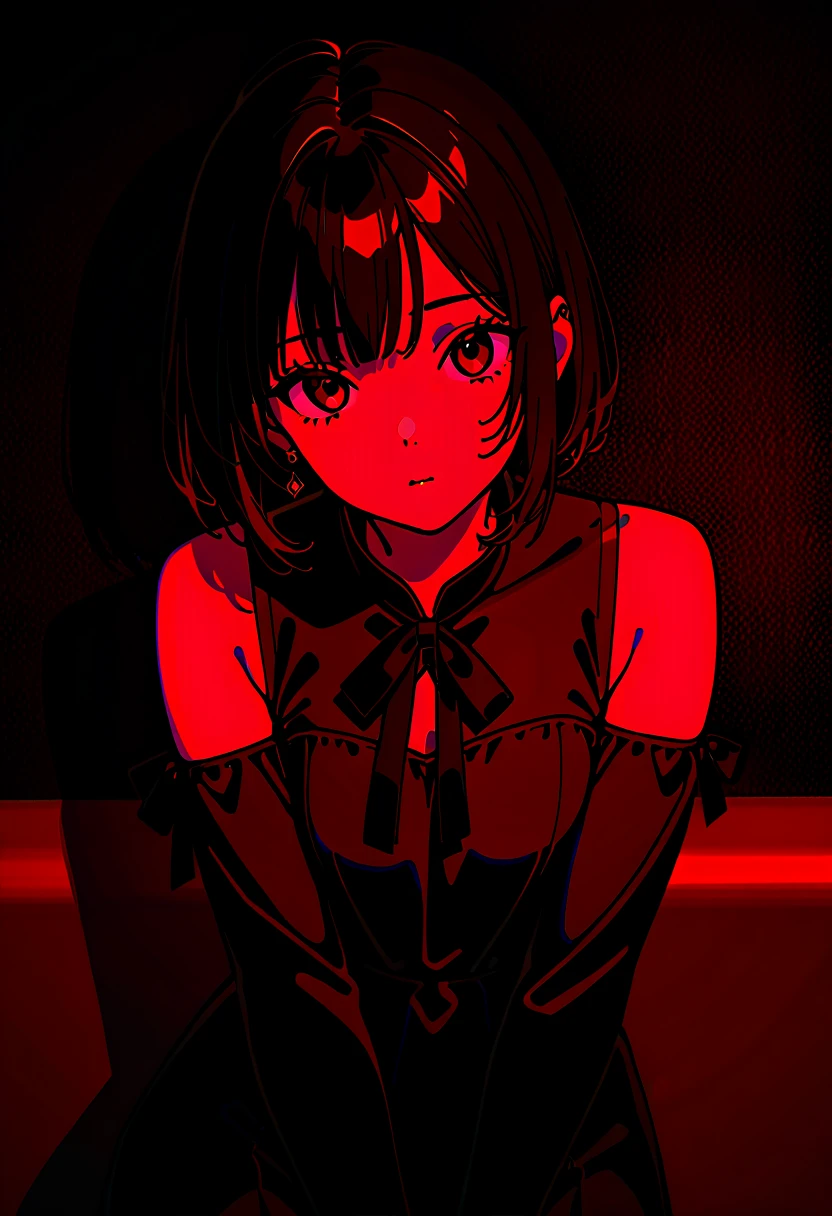 Black hair, Medium hair, Red eyes, Black pupils, Swimsuit, 