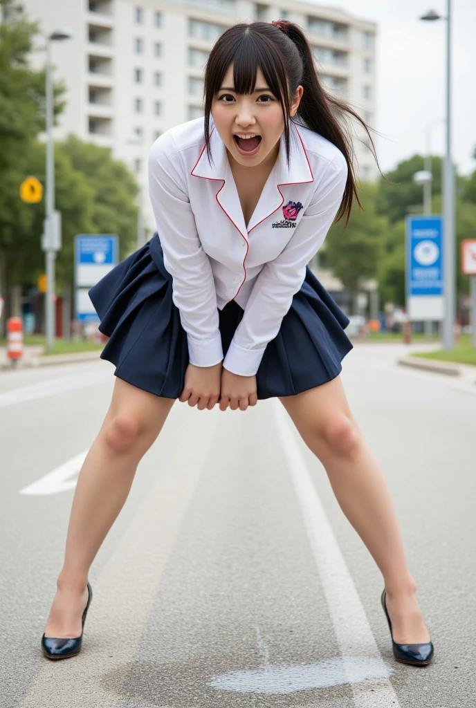 (best quality, 8k, highres, photorealistic:2.0), (solo, one girl:2.0),(lighting: strong),(lighting: front),(very muscular girl:1.5),(bodybuilder girl:1.5),(Squat down on one knee and spread your legs apart.:1.5),(raise both arms behind your head:1.5),(wearing black loafers:1.5),(school uniform),(white collar shirt),(long sleeve shirt),(red ribbon tie),(white socks),(blue skirt),(blue pleated mini skirt),(Wearing white panties),Photographed in front of high school, ,(She screams as she climaxes intensely.:1.6),(Japanese high school girl)