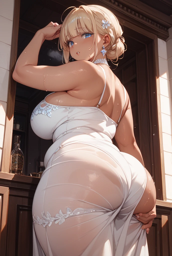 1girl in, Parted lips, blush, makeup, lightsmile, Full body, Wide Angle, From above, llight rays, Glow, thighs thighs thighs thighs, 鎖骨, Narrow waist, (masutepiece), (Wearing a bunny costume:1.3)、Black costume、Colossal tits、a wet body、full of sweat、Fold your hands behind your head、Raise your arms to show your armpits、Bright blonde hair、short cut hair、Bedrooms、cum shots、Putting a condom in your mouth