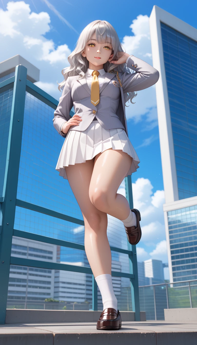 Masterpiece, best quality, 1 girl, young girl, brown eyes, long hair, Umegigaki smile, shiny skin, (beautiful leg line: 1.3), thin waist, huge breasts
break
School uniform, tie, (pencil skirt), high heels
break
Street, crowd, depth of field, looking at the audience, crouching, from the front, all body, legs up