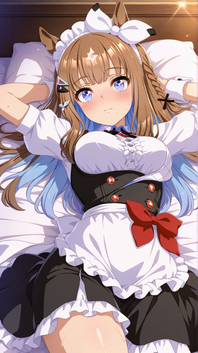 Highest quality、Large breasts、Maid clothes、Maid clothesから胸だけ出ている、Underwear is visible、blush、Sweat on the cheeks、Looking up at the viewer、On all fours、On the bed、Embarrassed face、Mouth slightly open、The skirt is short、Chest pressed together