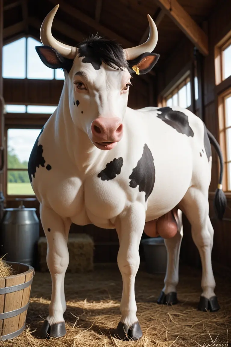 She is a beastman of dairy cows, so she does not wear clothes.、I don't wear underwear、Hairless pubic area、The girl's skin is white and very beautiful、She is squatting looking straight ahead