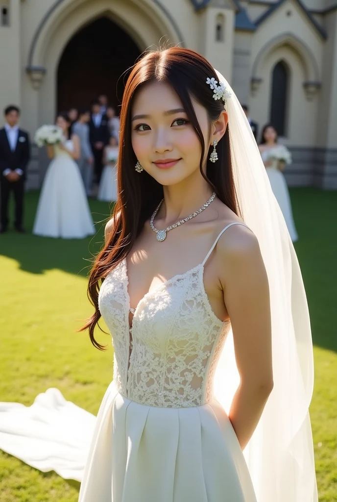 (kawaii face, amazing flat breasts), happy smile, (Beautiful frills and lace cute wedding dress:1.3), (tiaras, necklaces, earrings), Ultra High Definition, Superior Quality, Premier Quality, ultra detailed, Photorealistic, 8k, RAW Photos, highest quality, masterpiece, professional photography, Realistic portrait, Beautiful detailed, Close up portrait of girl, Outdoors, beautiful sight,  beautiful scenery, (natural scenery), (Fine face:1.2),