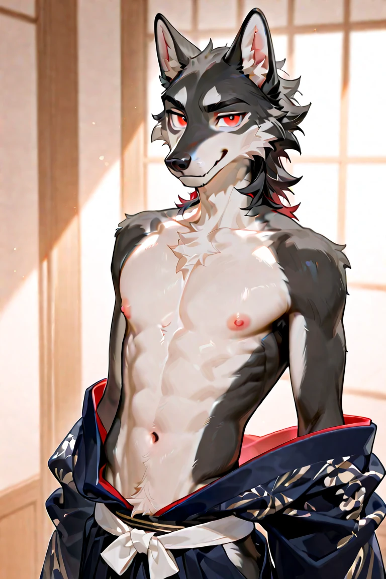 (masterpiece, 4K, ultra detailed), wolf furry, dark gray fur, light gray belly fur, short hair, masculine, sunny, bedroom, muscular, blush, shy, naked, cumshot, load of cum, anime, teenage, hard penis, brlue anime eyes