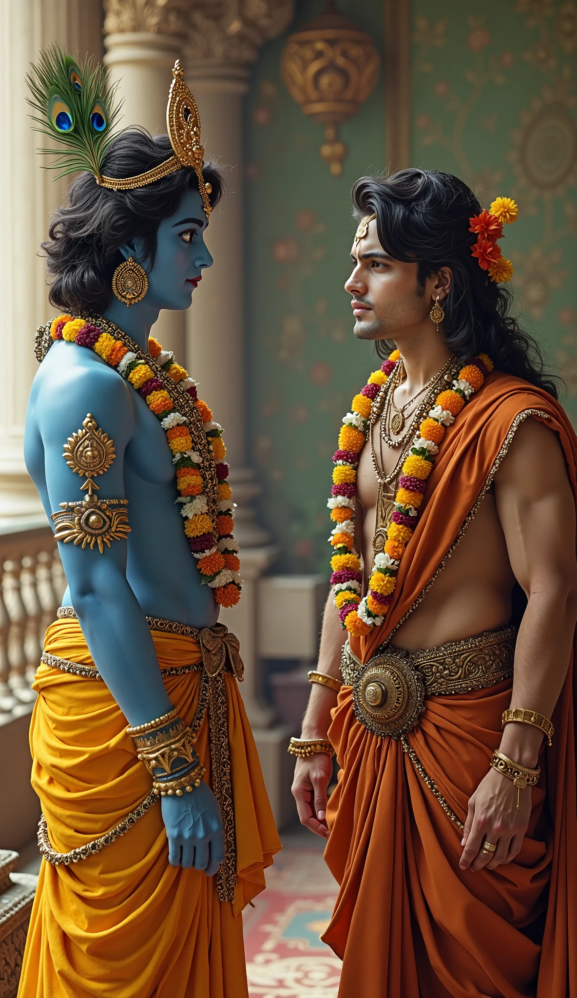 Two hindu young boy age 20 year, clean shaved, long haired, matted hairs, fair faces, pale and handsome, wearing indian ancient ornaments, and going in woods near a river, both have bow and arrow, smiley faces, wider chaste and narrow waist, ultra realistic, very clear eye and fair color of face, simple body, no mustache, no beard, not facing the screen