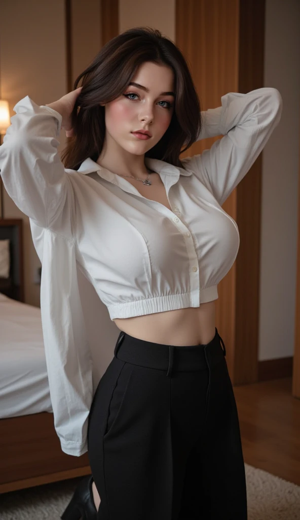 ((Best quality, 8K, Masterpiece :1.3)), Sharp focus :1.2, A beautiful girl 22 years old，Perfect figure :1.4, Slender abs :1.3, RAW photography、超A high resolution, full bodyesbian, White skin of the、Shiny white skin、(Wavy blonde hair)、Dark brown hair、Ultra-fine eyes, super fine hand, Ultra-thin fingers、beautiful eyes of random colors、Very thin lips, finedetail、Elongated eyes、pale pink blush、long eyelasher、beautiful double eyelid、Lighting that emphasizes beautiful skin、Brightens skin 2, ((layered long hair, Big breasts :1.2)), Open shirt show , (Delicate pantyhose ), (ssee-through ),  ((A white tight-fitting shirt with simple details)), ((Detailed face )), ((Delicate mini skirt)) , Luxury office :1.4, Highly detailed face and skin texture, Detailed eyes, 二重まぶた, Let the whole body, Long legs