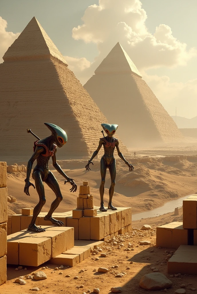 "Depiction of advanced and exotic looking aliens, with futuristic technology suits, collaborating with prehistoric humans in the construction of the pyramids of Egypt, millions of years ago. Aliens are using levitation and stone manipulation equipment, while humans work with rudimentary tools, helping to position giant blocks of stone. The scene should reflect a barren desert with the sun low on the horizon., and the pyramids under construction in the background. The scene should combine elements of an ancient era with the impressive presence of alien technology and the interaction between the two cultures.."