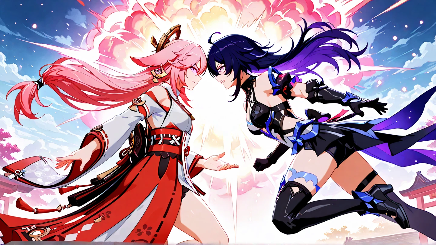 Full body shot from head to feet, two female from Samurai Shodown. Iroha attacking Suzuhime with short sword, while looking to Suzuhime with serious expression. Suzuhime while looking to Iroha, defending with short sword, but wounded and defeated, in pain expression. Both characters have different long hairstyle, wear traditional sleeveless kimonos, with obi and long gloves. Both characters wears short skirt is also a prominent feature of their attire, complemented by black thigh highs stockings. The background set in a deep forest, with simple effect
