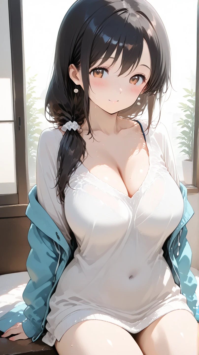 Hot sexy beautiful girl ,heart earrings,brown hair,blush,black eyes, , black hair, lipstick,huge
breasts ,white shirt, black school skirt,
c, stocking,belt, cleavage ,bangs between eyes