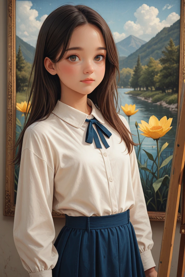 (arms down) , (hands down) , master piece , best quality , highly detailed , (matured female) , standing , blouse, skirt , bangs , room , indoor