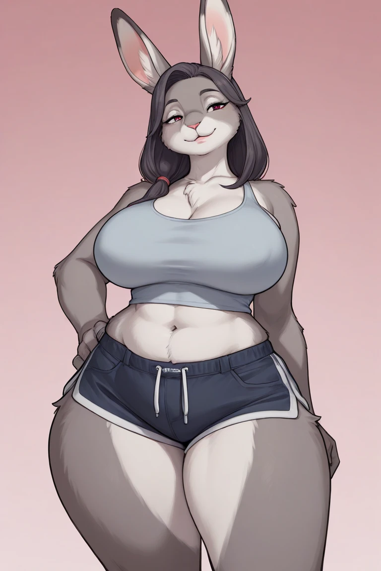 Solo, female, standing, ((siamese cat)), (hair, snout), short hair, brown hair, light blue eyes, red glasses, by bebebebebe, big breasts, facing viewer, smirking, wavy hair, mature, muscular, hands behind back, crop top, panties, thick thighs