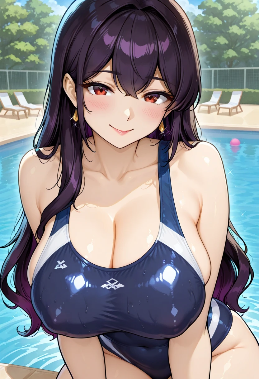 1girl, large breasts, breasts, wide hips, thick thighs, purple hair, short hair, very short hair, yellow eyes, one-piece swimsuit, blue swimsuit, competition swimsuit, black one-piece swimsuit, light smile, smile, hourglsss figure, toned, toned female, tall, tall female