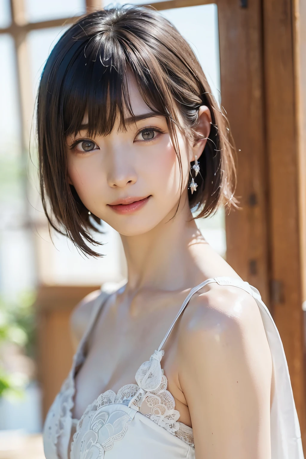 1 girl、highest quality、Realistic、alone、Written boundary depth、Natural soft light、Daytime、charm、Beautiful Face、Cleanliness、Pure Face、White skin、cute、short hair、bright hazel eyes:1.6、Beautiful Lips、bangs、Beach、Light of the sun、Nedium Breast Body Esbian、((黄金比のBeautiful Face、 対称性のあるBeautiful Face))、Long neck、show me your ears、Stick out your ears。bangsのあるきれいな短いボブヘア、smile with your mouth closed、Perfect hands指、Perfect hands、Perfect body、Perfect Face、Shine a light into your eyes、Perfect Anatomy:1.6、とてもcuteスーパーモデル:1.6、{Huge|big|Hugeな|Mega} chest, chestの谷間、smile:1.6、Very beautiful teeth:1.6