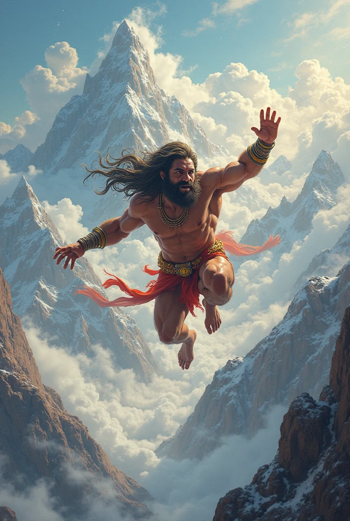Bhagavan hanuman ji ( very big fit body , vanar   face,monkey tail,Fair complexion,) flying on mountain ,vanar face