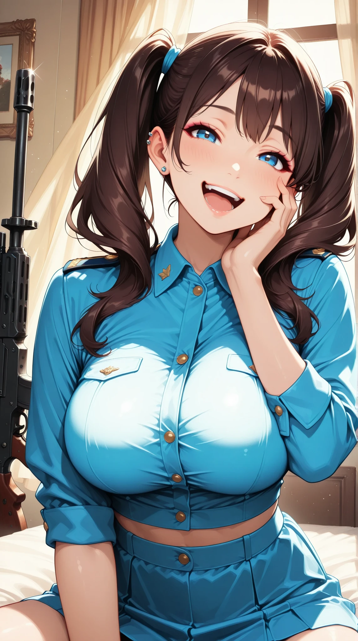 htm,1 woman, COOL MILITARY:1.2, faceshot, dark brown hair, blue eyes, round eyes, HIGH POSITION TWIN TAILS, SUPER LONG TWIN TAILS, Big Breasts, (viewers, laughing, Hand on cheek), Perfect Body, cropped tops, Military uniform, WEAPONS AND EQUIPMENT, mini skirt, Delicate decoration, piercings, Military Background, warm light, brightly colored, Photogenic, super high resolution, (top quality, very detailed, CG illustration, soft focus, masterpiece, Best Aesthetics),