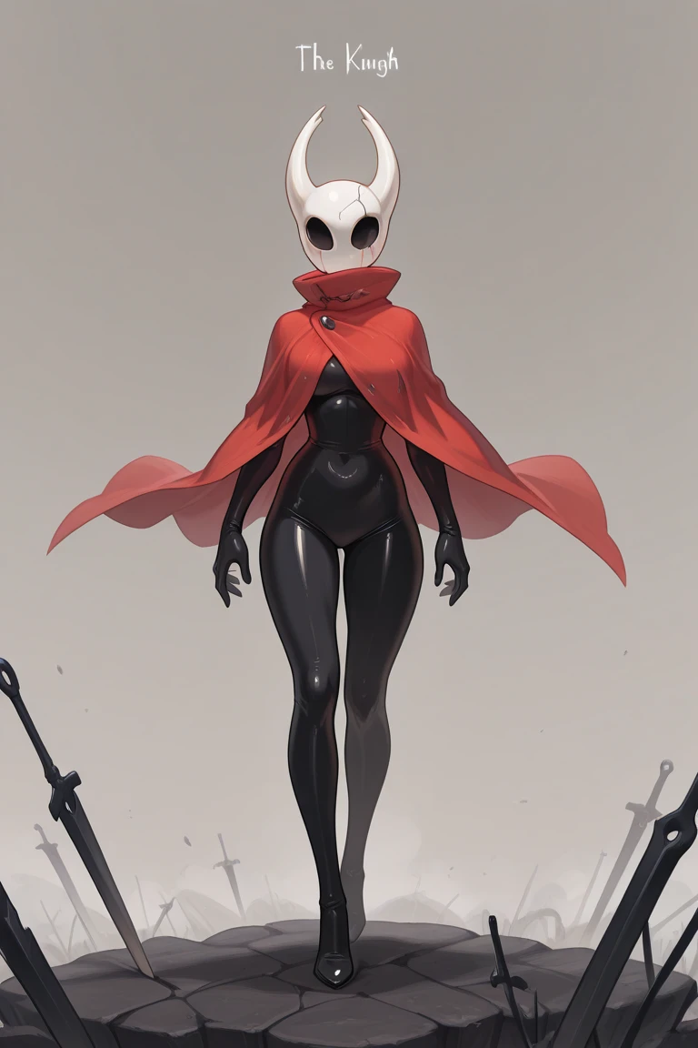 hornet, cute, chibi, no feet, furry female, anthro, needle weapon, thread, standing, solo,beautiful sexy body, medium breasts, medium hips, open red cloak, (best quality), (detailed dark cave background:1.2), looking at viewer, holding weapon, flat colors,