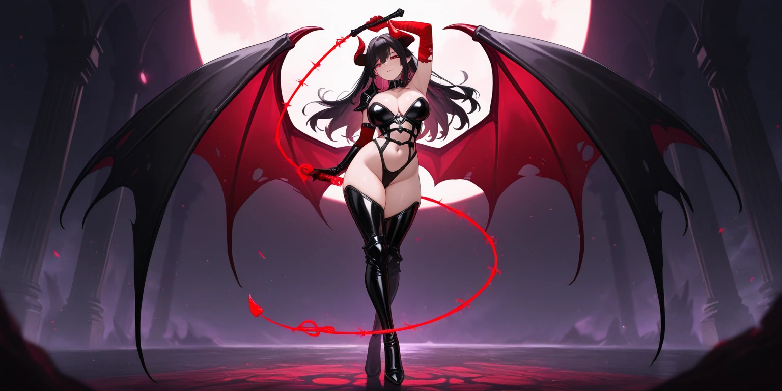 tachi-e, game cg, Highly detailed and realistic CG, Colorful, Masterpiece, Best Quality, jewel-like eyes, 1girl, solo, black hair, shiny hair, long straight hair, very long twintails, slender, skinny legs, succubus girl,succubus luxury dress, mini skirt, succubus boots, aqua blue eyes, flat chest, black elbow gloves, latex, smirk, smile, jitome, half-closed eyes, tsurime, simple background, from pov, best quality eyes, sharp teeth, tsundere, standing, contrapposto, hand on hip, (shiny skin:1.0), succubus wings, succubus tail, mesugaki, teasing, smug, cute girl, , open mouth, fangs, tongue out, pointy ears, pink heart tattoo, (Sharp Focus:1.2), Thin arms, Thin legs, outline, Evil Female Executive Succubus,