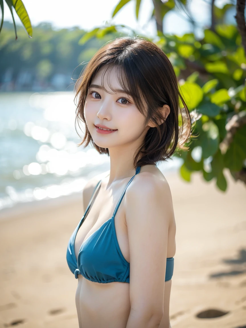 (((masterpiece))), (((highest quality: 1.4))), ((Very detailed: 1.4)) , ulzzang-6500-v1.1, (RAW Photos:1.2), (Realistic), (Genuine:1.4), Very detailed, Sharp focus,Japanese woman standing on a bridge in Miyako Island、Stunningly beautiful blue ocean in the background、Random Color、Halter neck swimsuit、My hair is blown wildly by the wind、happiness、Romantic、delight、Detailed eyes、Detailed face、Japanese Goddess、Duck mouth、Shiny skin、Realistic skin texture、